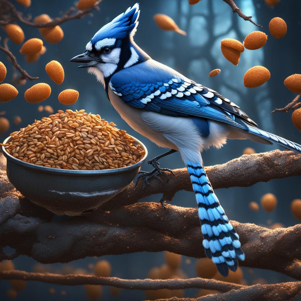 Blue Jay Seed Gathering: Detailed Matte Painting