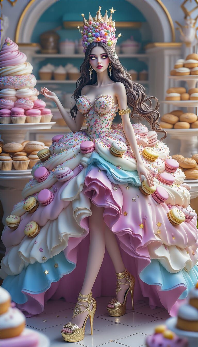 Bakery Goddess with Confectionery Gown, Hyperrealistic Style