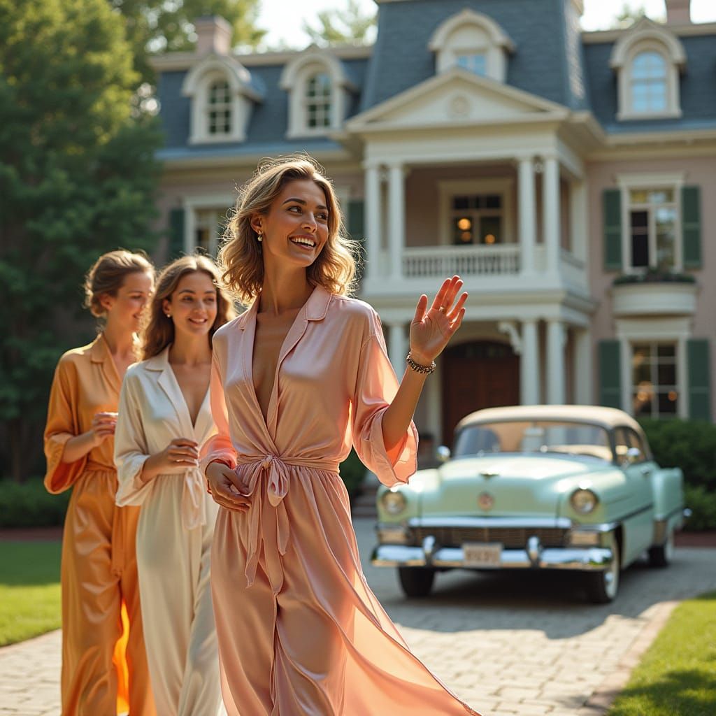 Elegant Women Greet Each Other in Front of Victorian Home