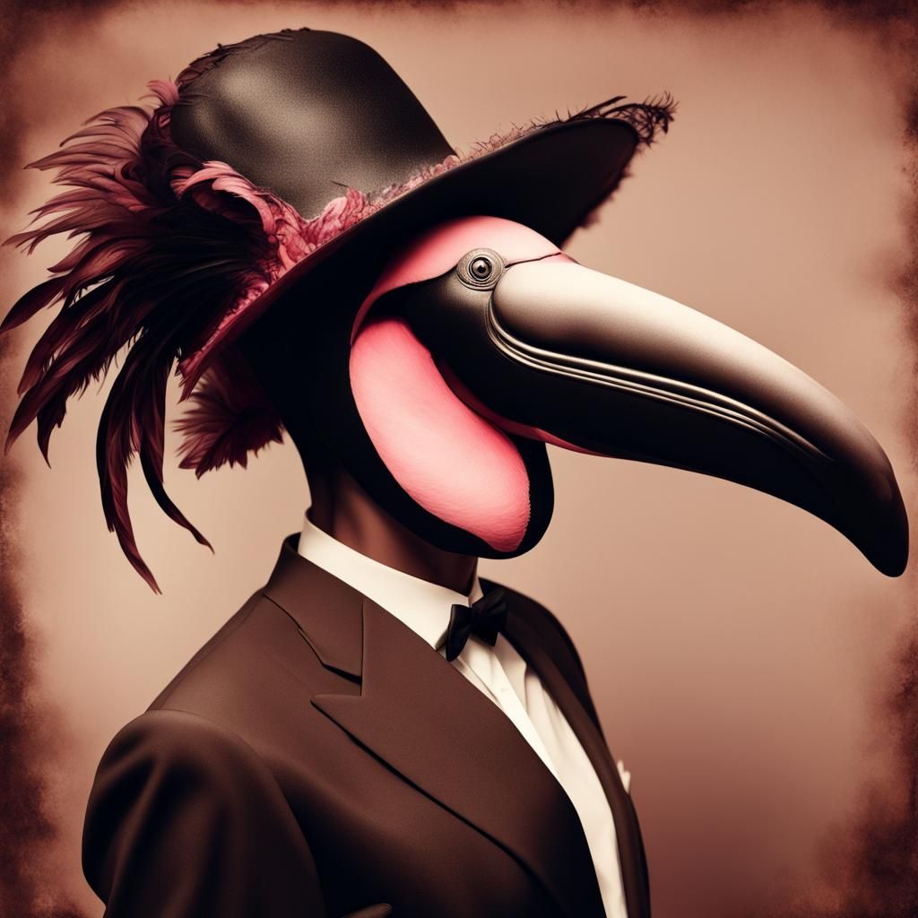 Woman with Flamingo Head in Vintage Photo Style