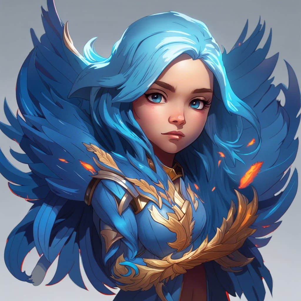 Chibi Blue Phoenix Portrait in Digital Art Style