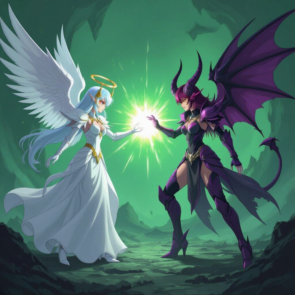 Angelic vs Demonic Digimon Battle in Sci-Fi Style