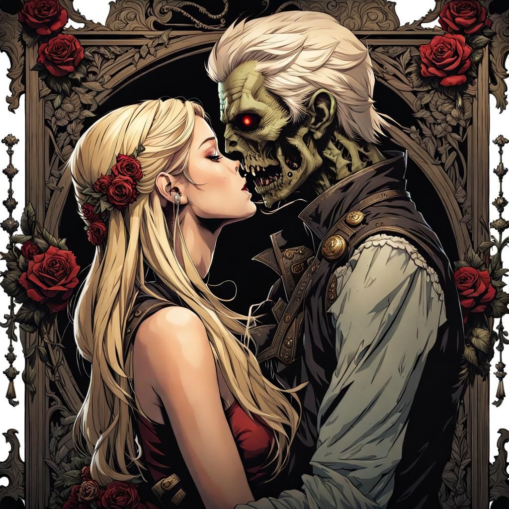 Passionate Kiss: Girl and Zombie in Macabre Ink Art