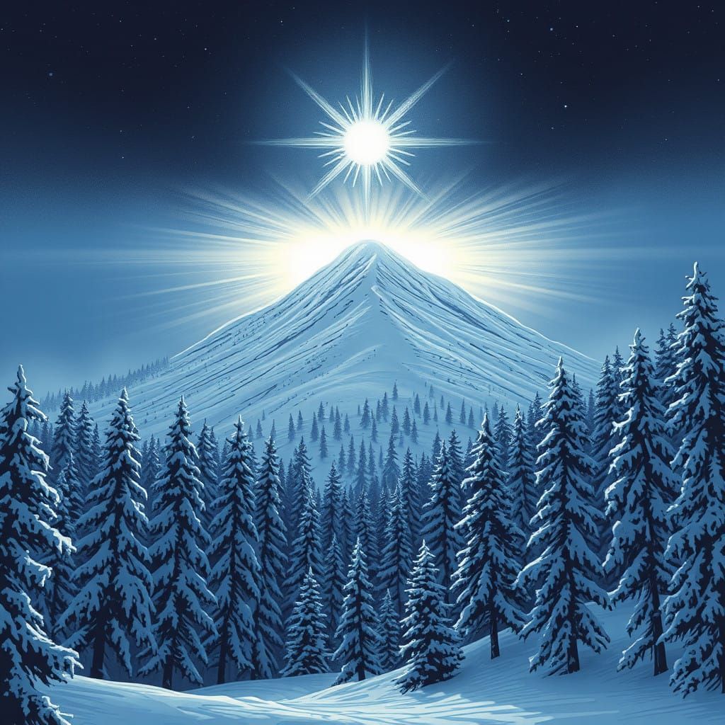 Ethereal Glow on a Snow-Encrusted Hill in a Winter Landscape