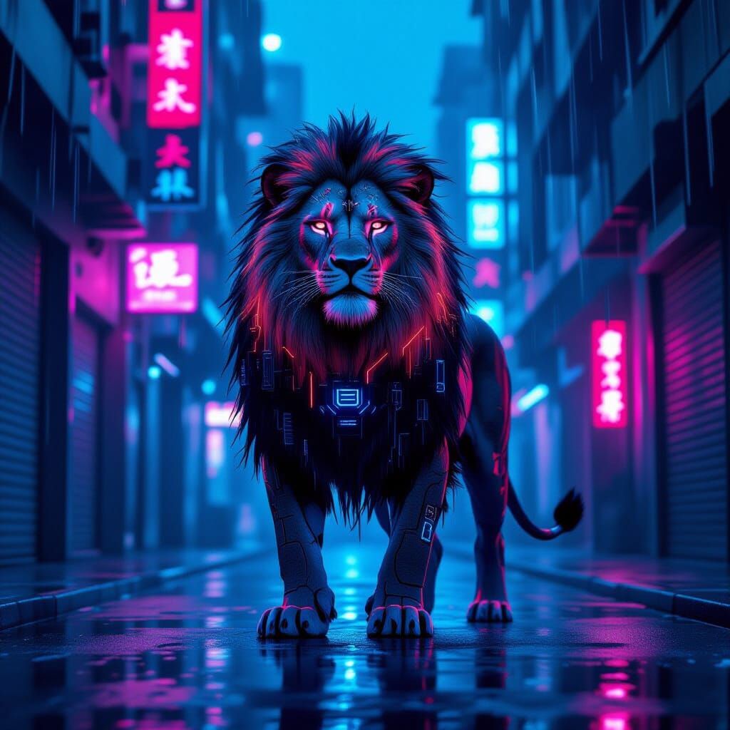 Cybernetic Lion in Neon Cyberpunk City