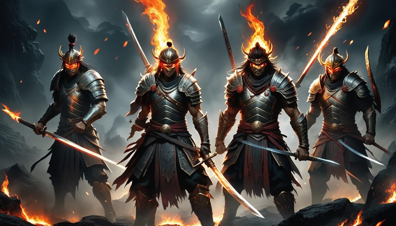 Three United Warriors in Dark Battlefield with Flaming Sword