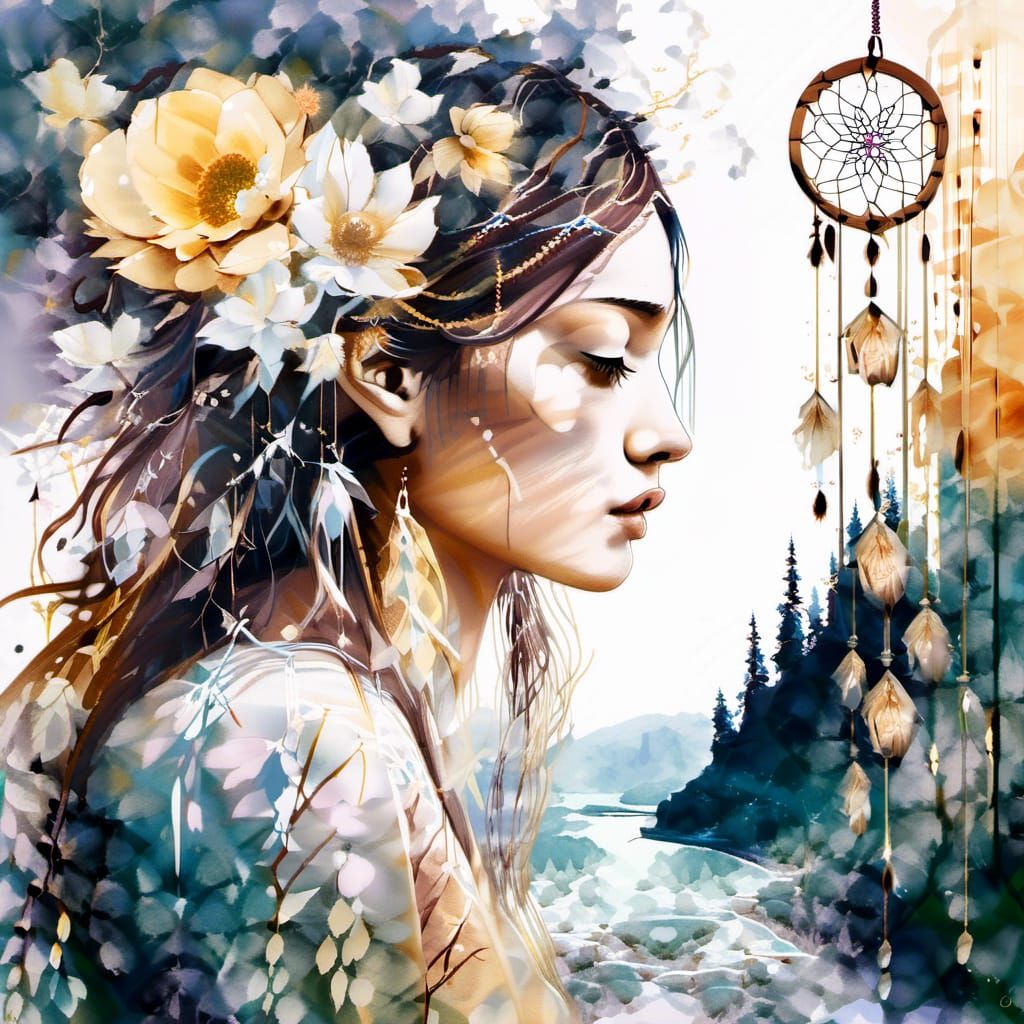 Dream Catcher Double Exposure in Watercolor Style