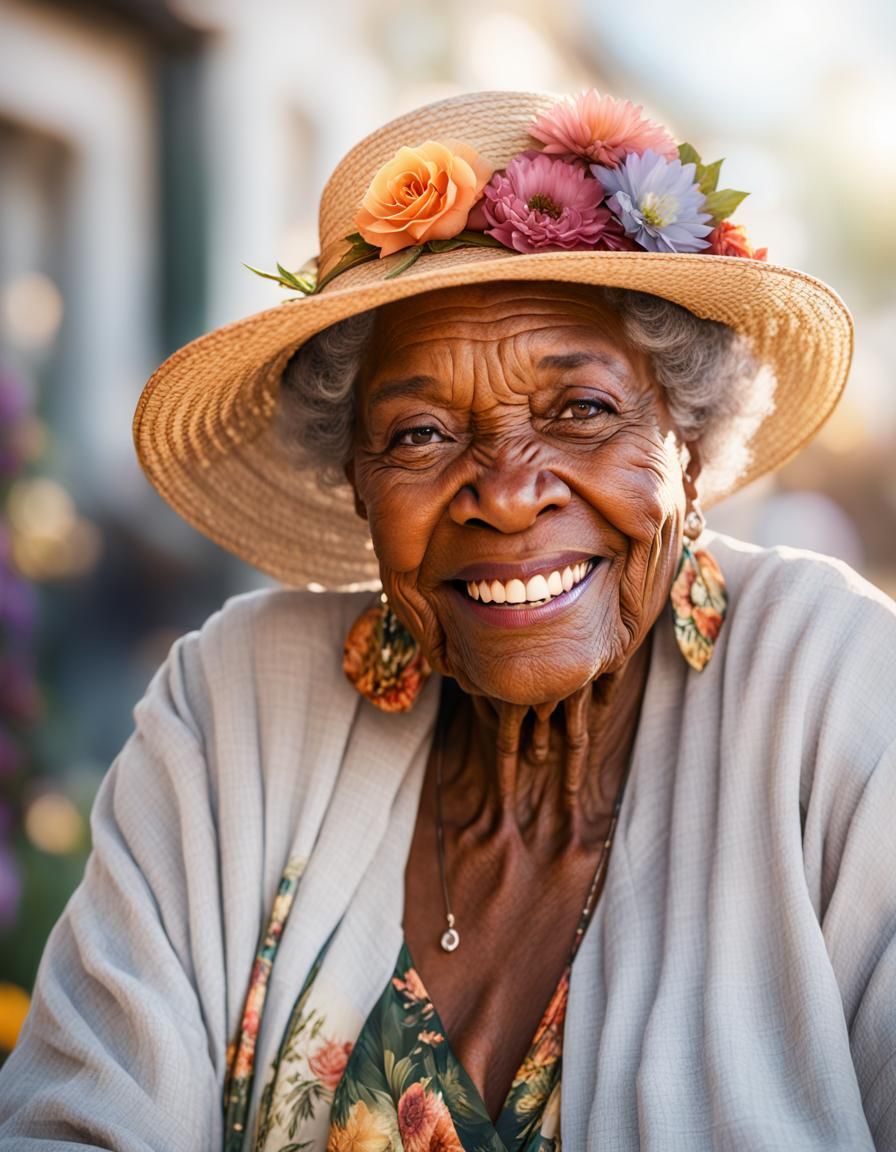 Grinning Elderly Woman in Floral Hat Portrait