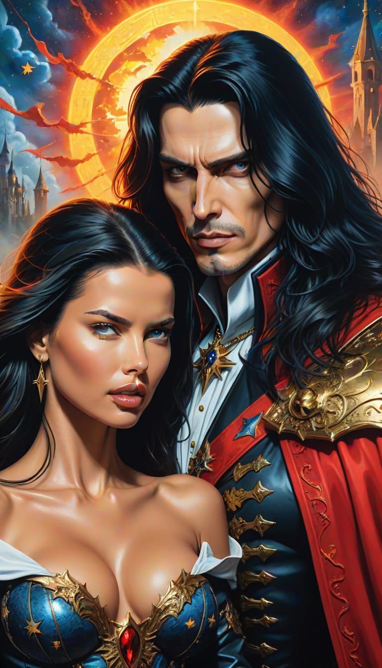 Adriana Lima and Alucard in Surrealist Oil Painting