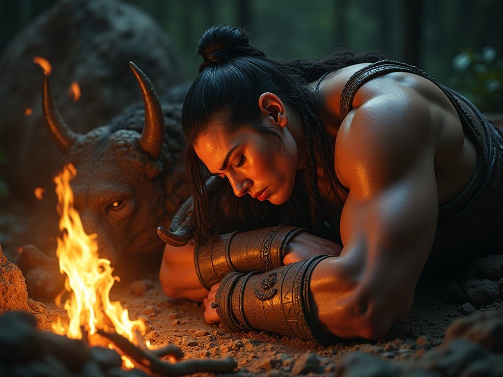 Massive Muscular Warrior Sleeps by Firelight