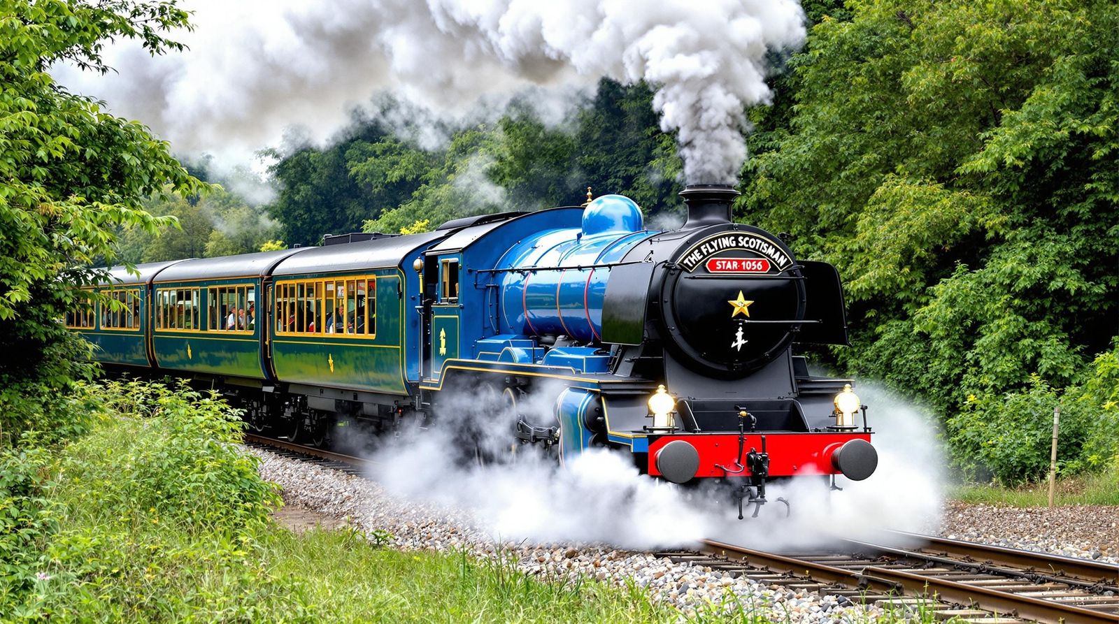 Vintage Blue Steam Locomotive Chugs Through Lush Countryside
