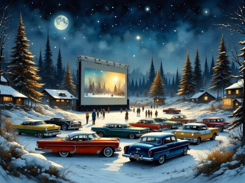 Cozy Christmas Drive-In at Night in Storybook Style