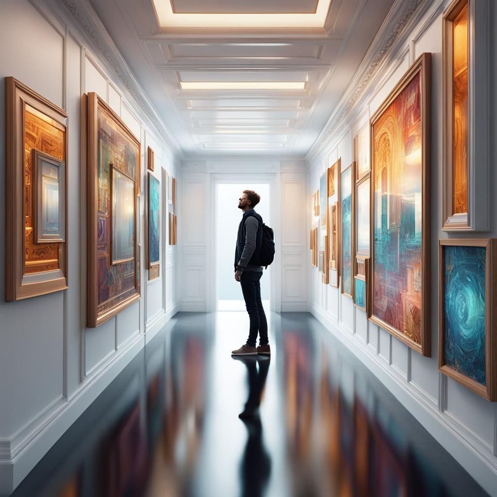 White Hallway with Abstract Light Reflections in Digital Art