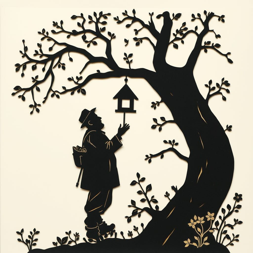 Elegant Paper Cut-Out of an Old Man Hanging a Birdhouse