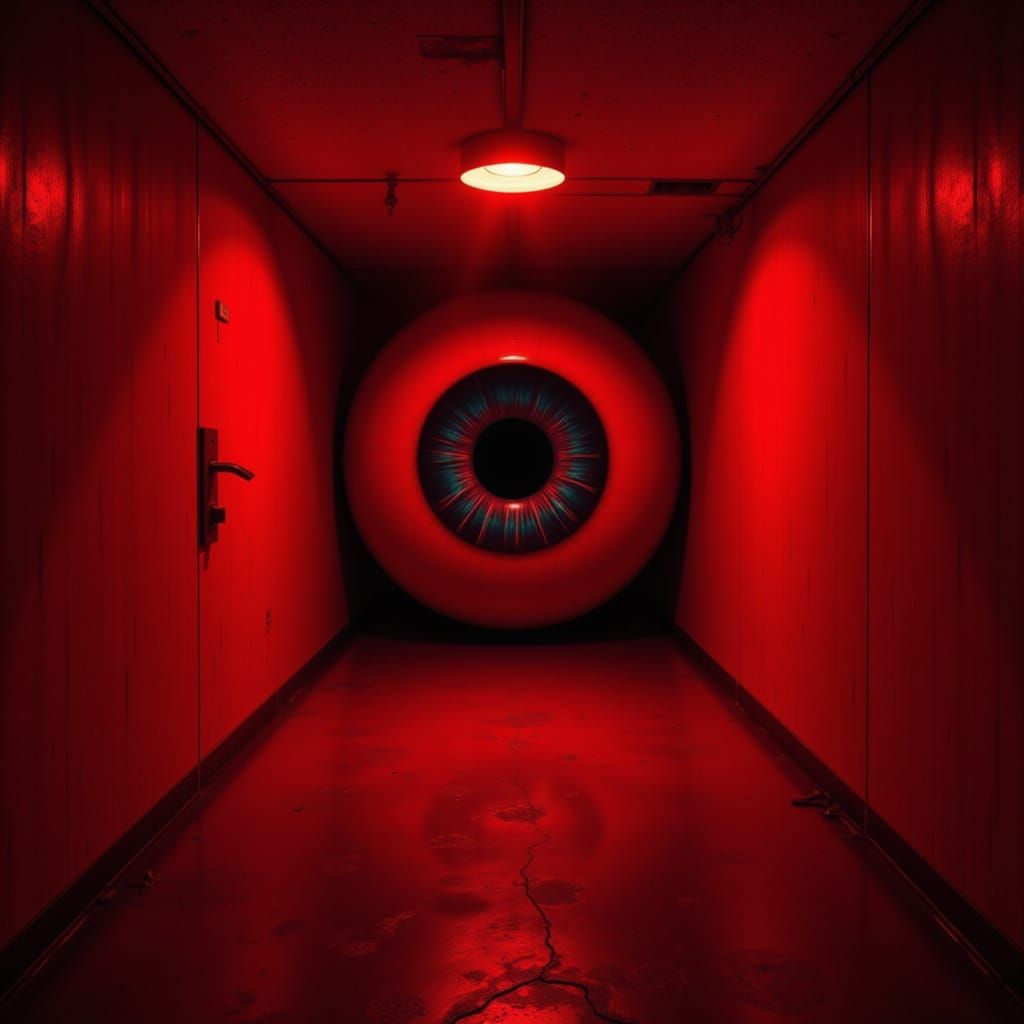 Eerie Red Liminal Hallway with Giant Eyeball