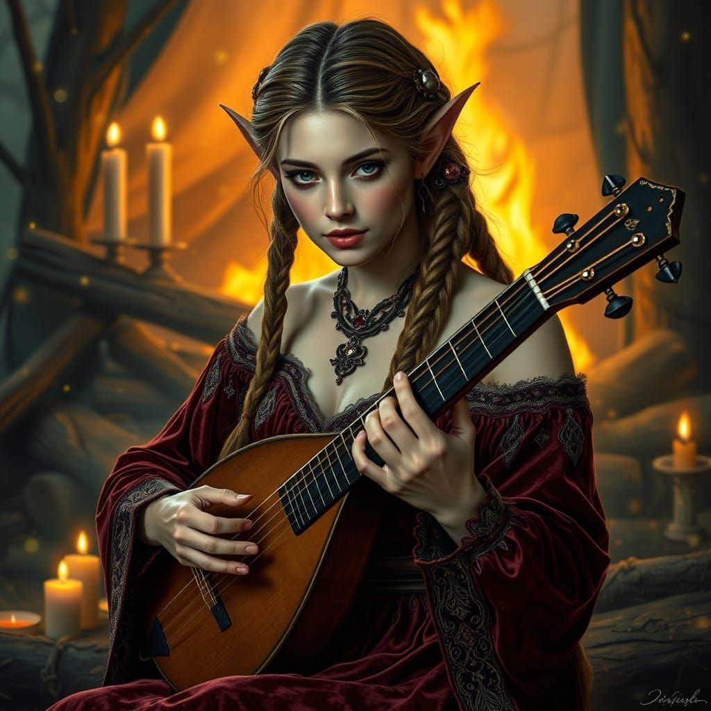 Elven Woman Playing Lute by Campfire in Art Nouveau Style