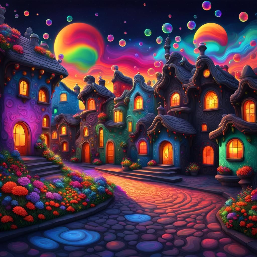 Neon Aurora Over Fantasy Village Street