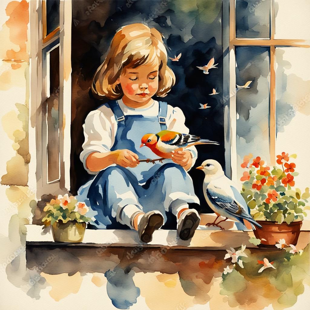 Girl Feeding Birds: Vintage Watercolor Oil Painting