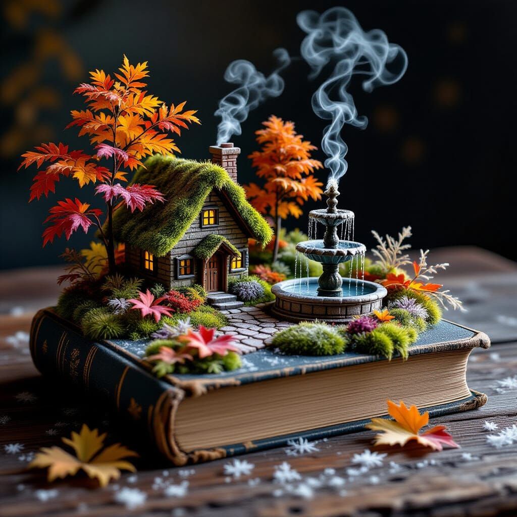 Enchanting Miniature Autumn Landscape on Old Book