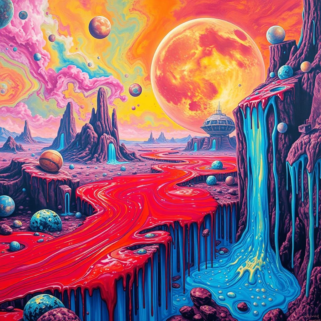 Surreal Dystopian Planet with Swirling Red River and Drippin...