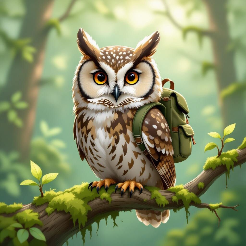 Owl with Backpack in Whimsical Art Style