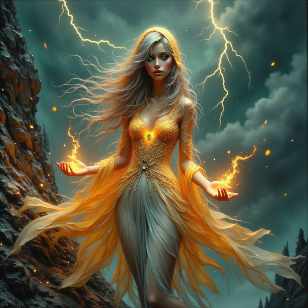 Fairy Princess in a Fiery Stormy Landscape