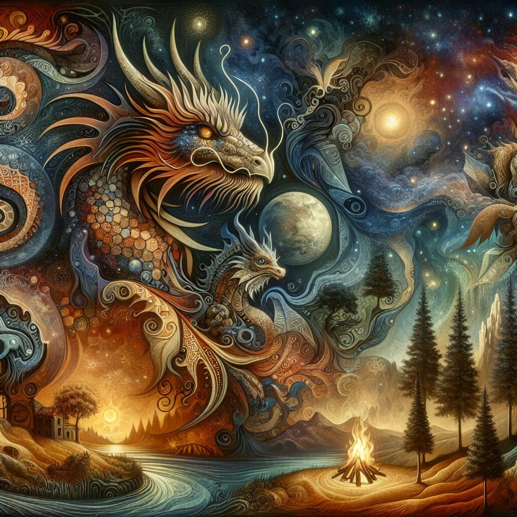 Dragon in Mythical Landscape with Impasto Elements