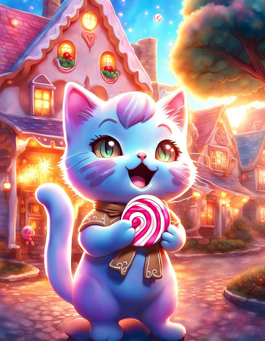 Anthropomorphic Kitten in Candy Wonderland: Anime Art