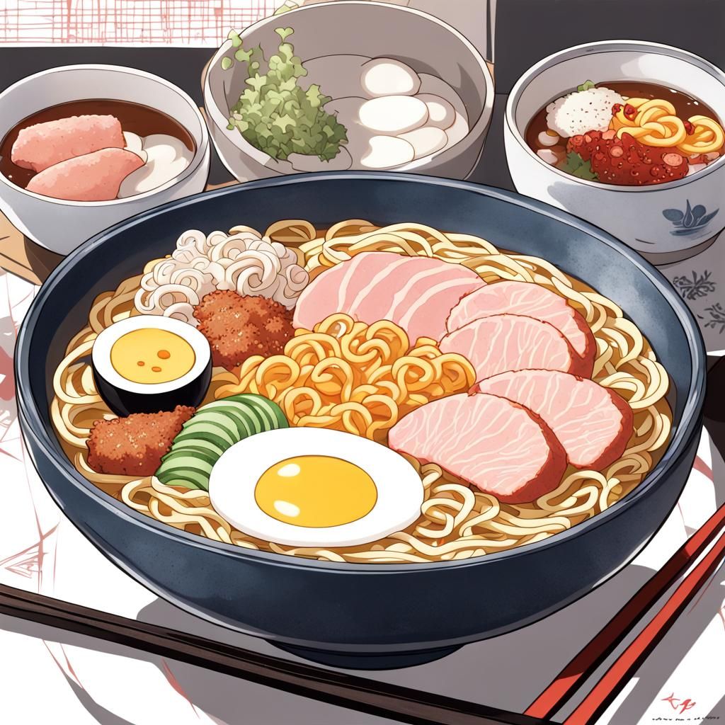 Anime Style Ramen Bowl with Pork and Egg