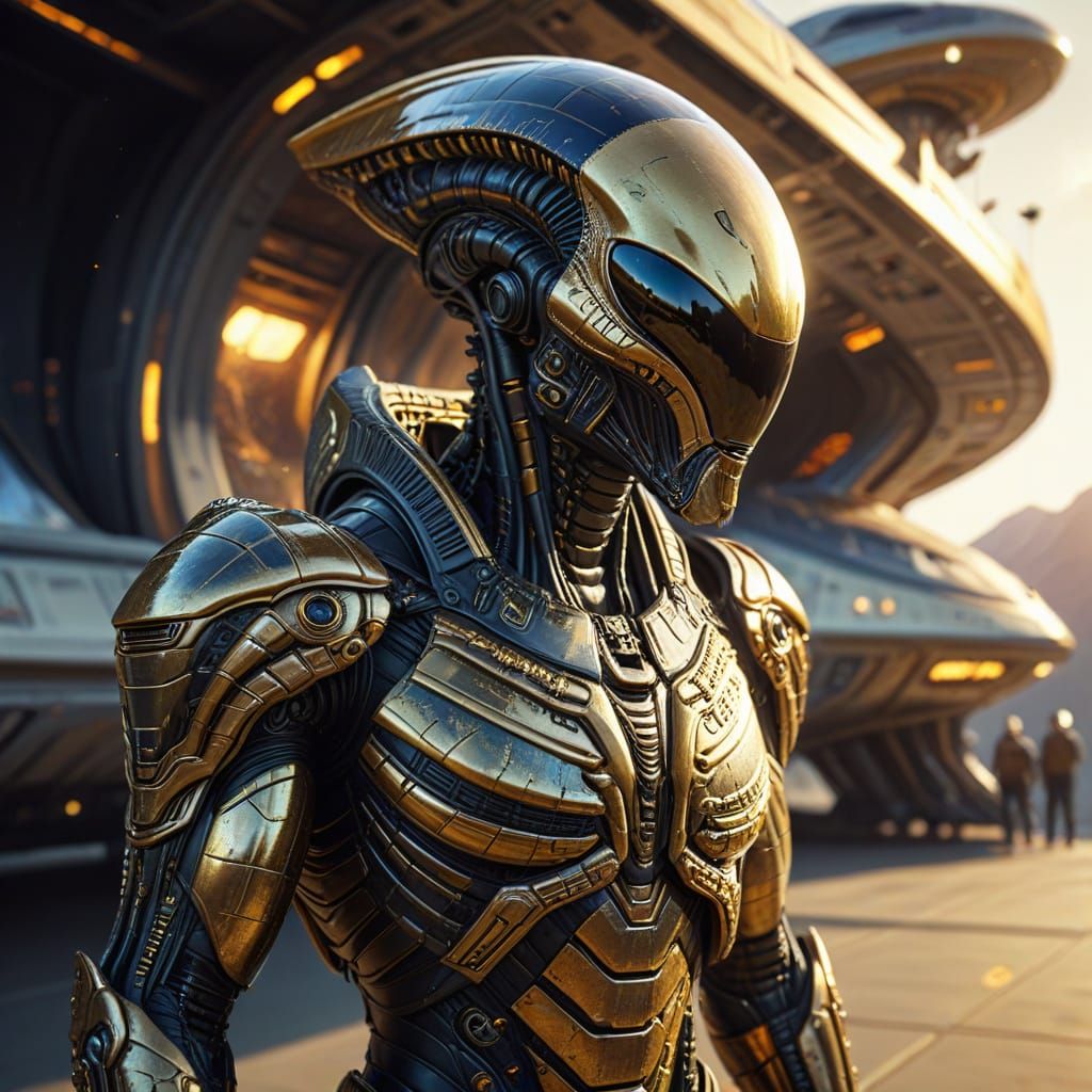 Regal Aliens Outside Spaceship in Digital Art Style