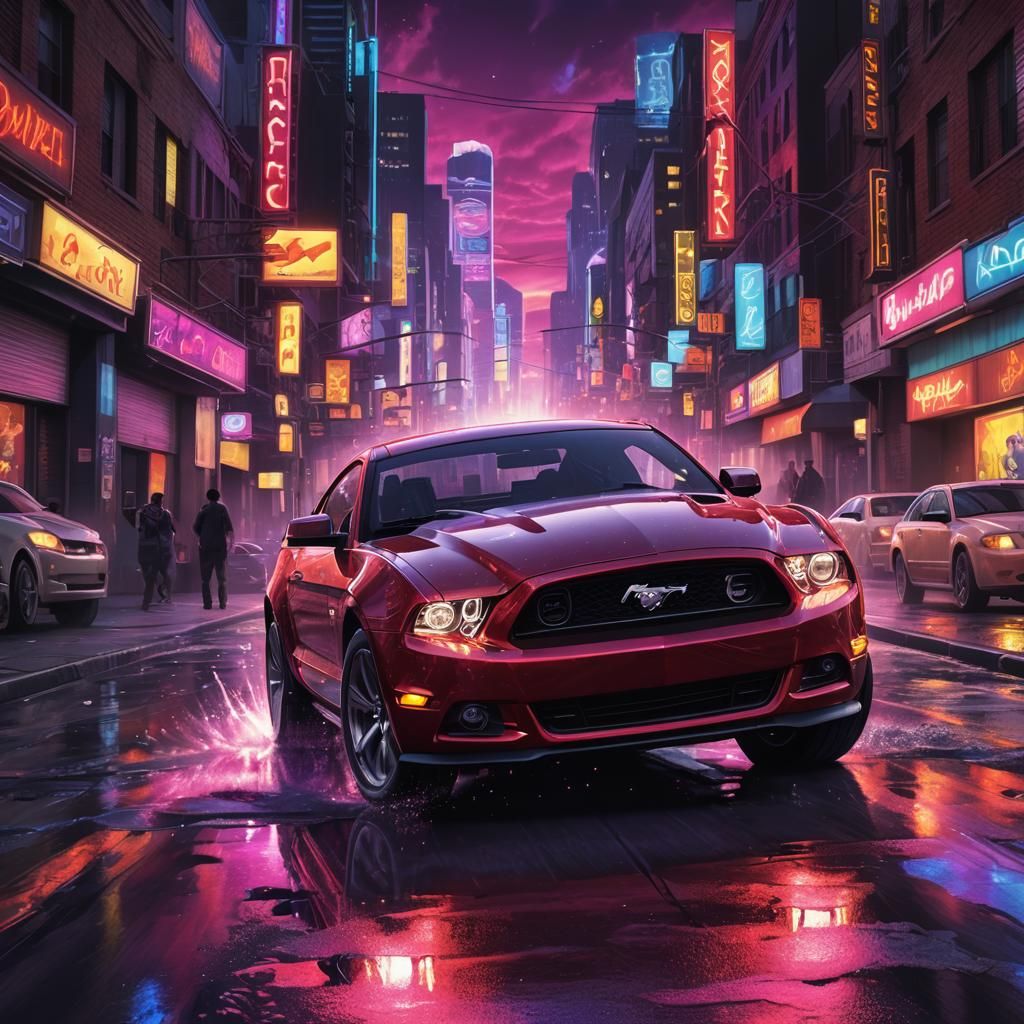 Hyperrealistic Cartoon: Man Driving Red Mustang