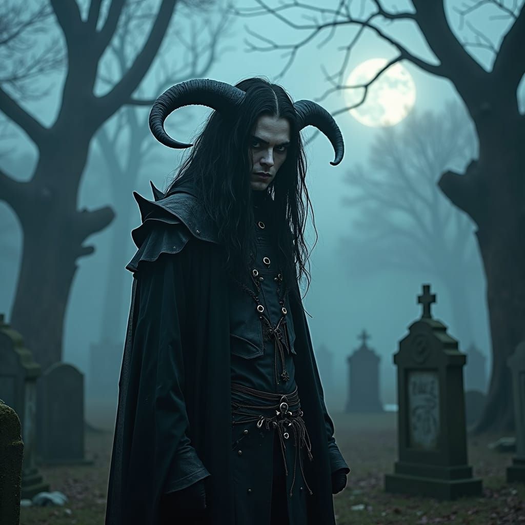 Brooding Demonic Male in Moonlit Cemetery