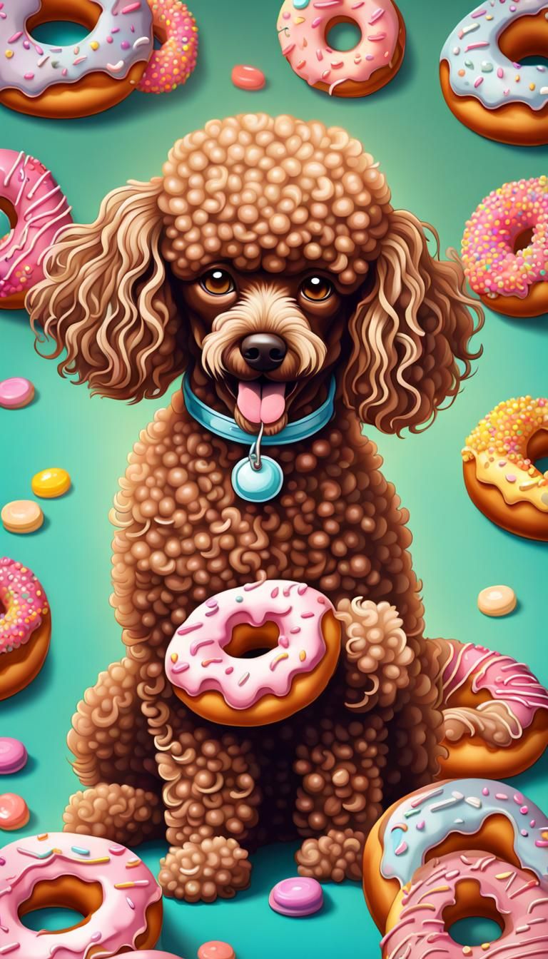 Cartoon Poodle Eating Donuts in Candy Art Style