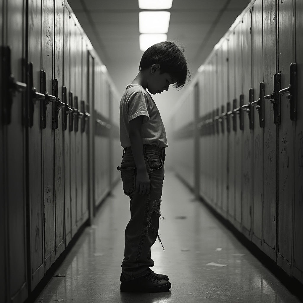 Solitary Child in Desolate School: Evocative Black and White...