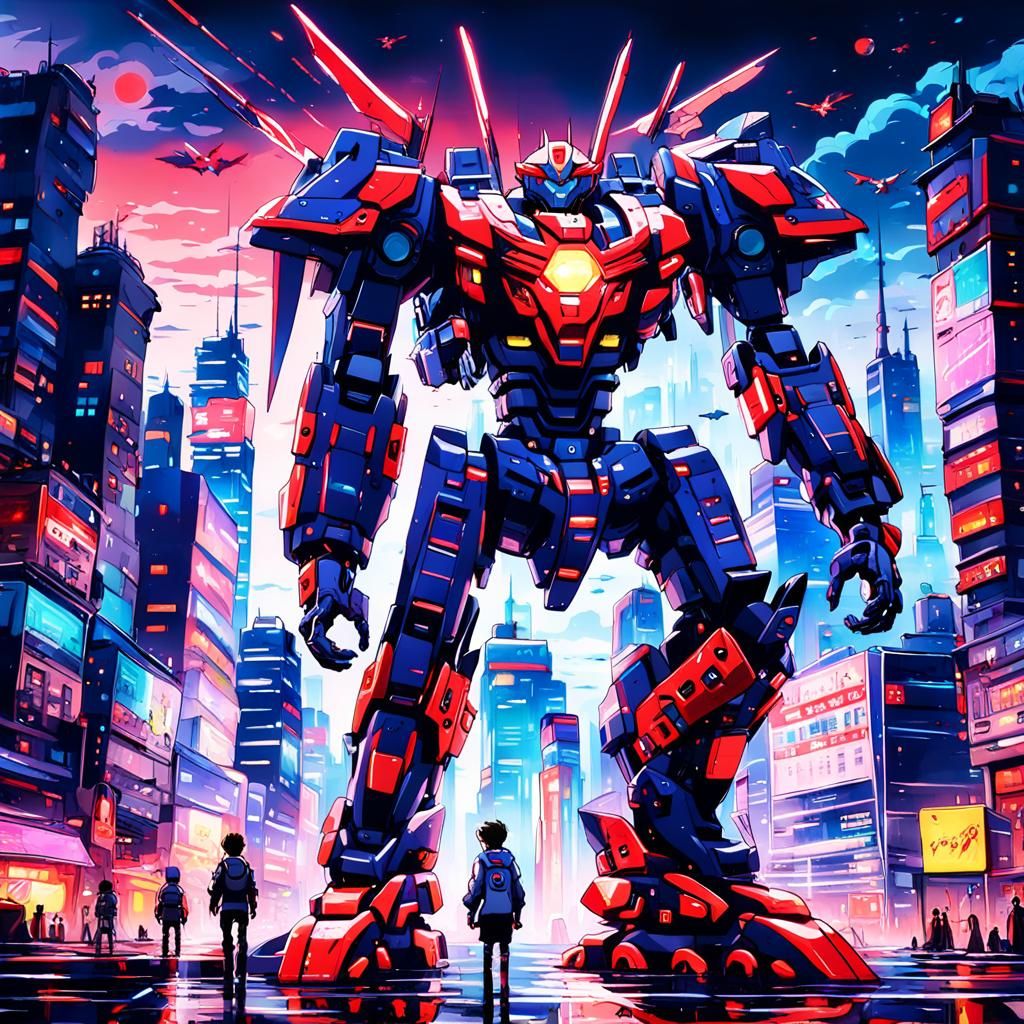 Neon Evangelion Cityscape with Giant Mecha in 3D Anime Art
