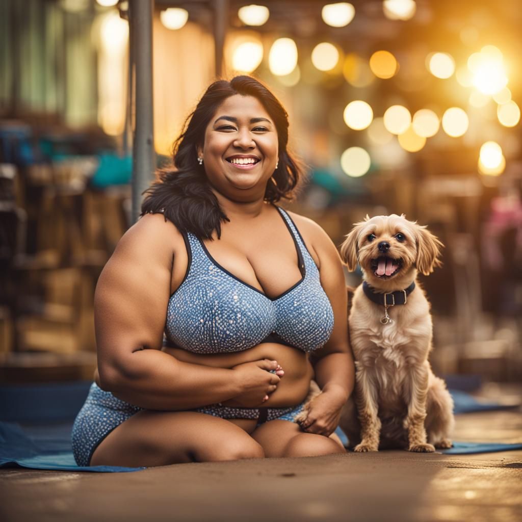 Plus-Size Woman in Bikini with Dog, Professional Photo