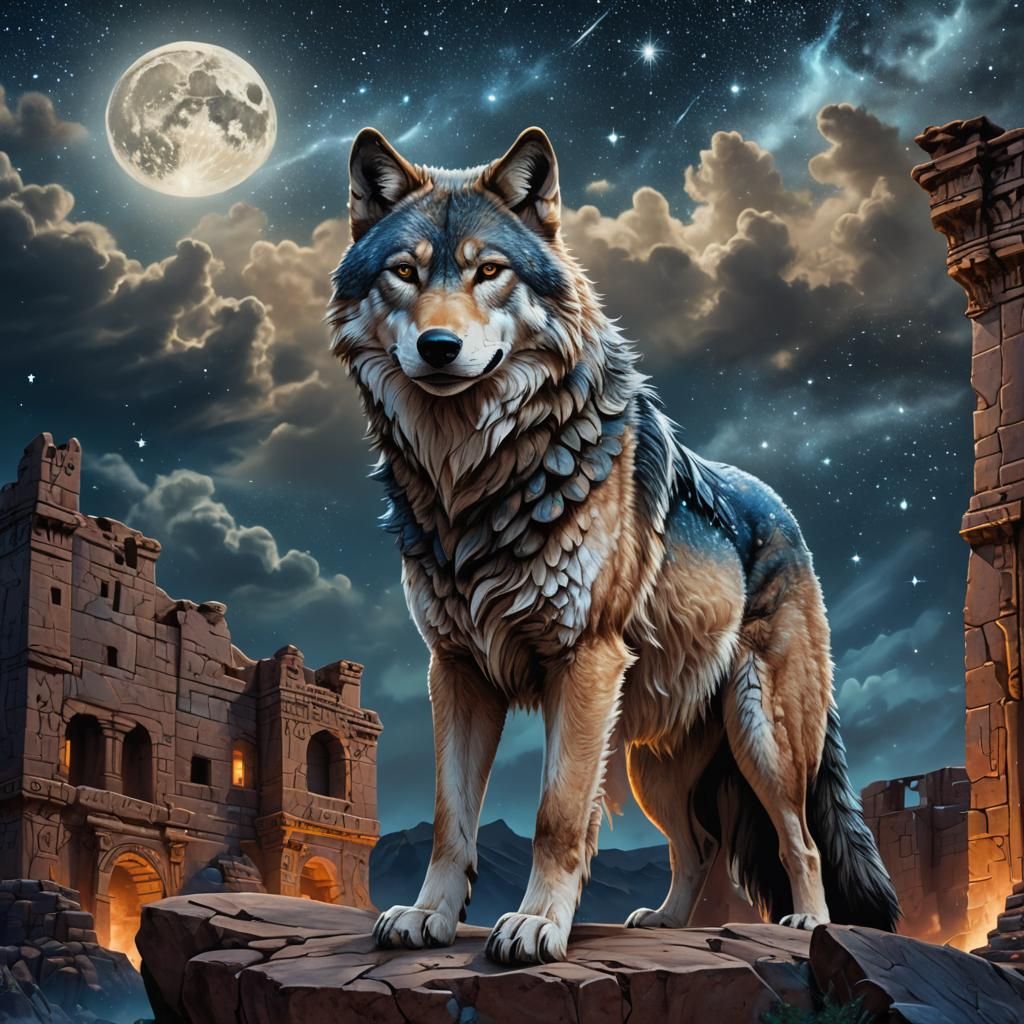 Majestic Wolf in Starry Night, Matte Painting