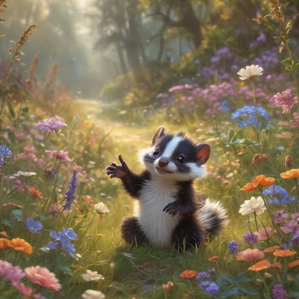 Whimsical Skunk Wields Peace Sign in Meadow