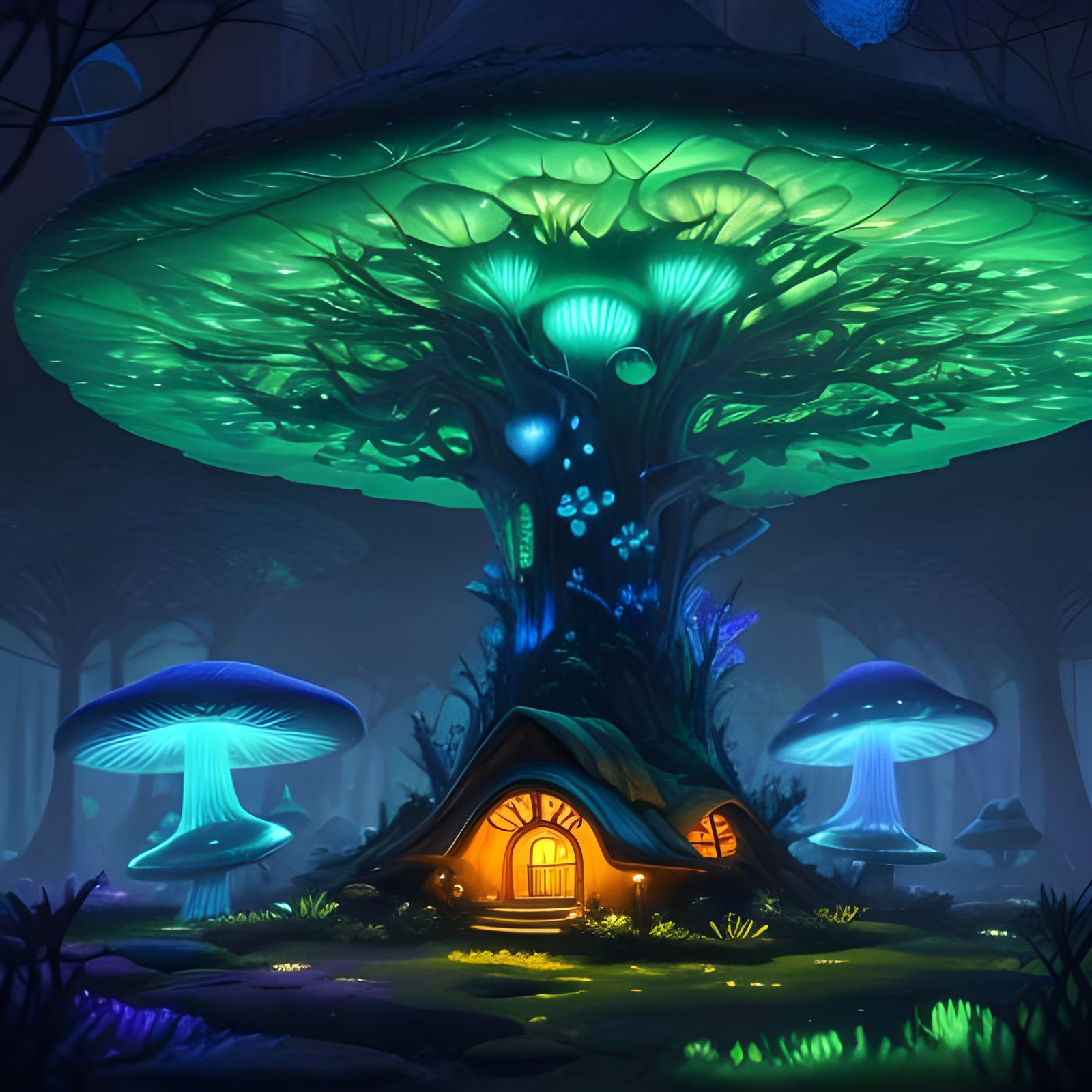 Glowing Mushroom House in Bioluminescent Forest