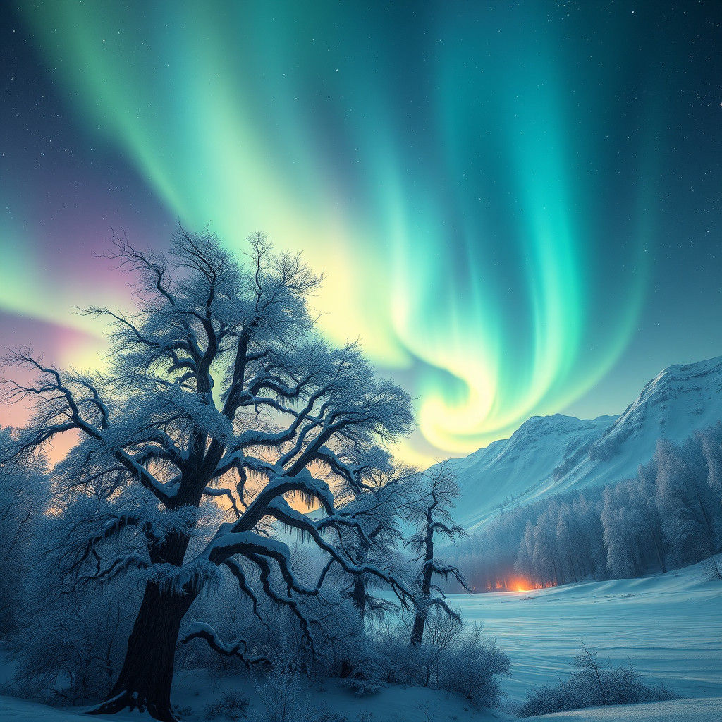 Aurora Borealis Over a Winter Valley