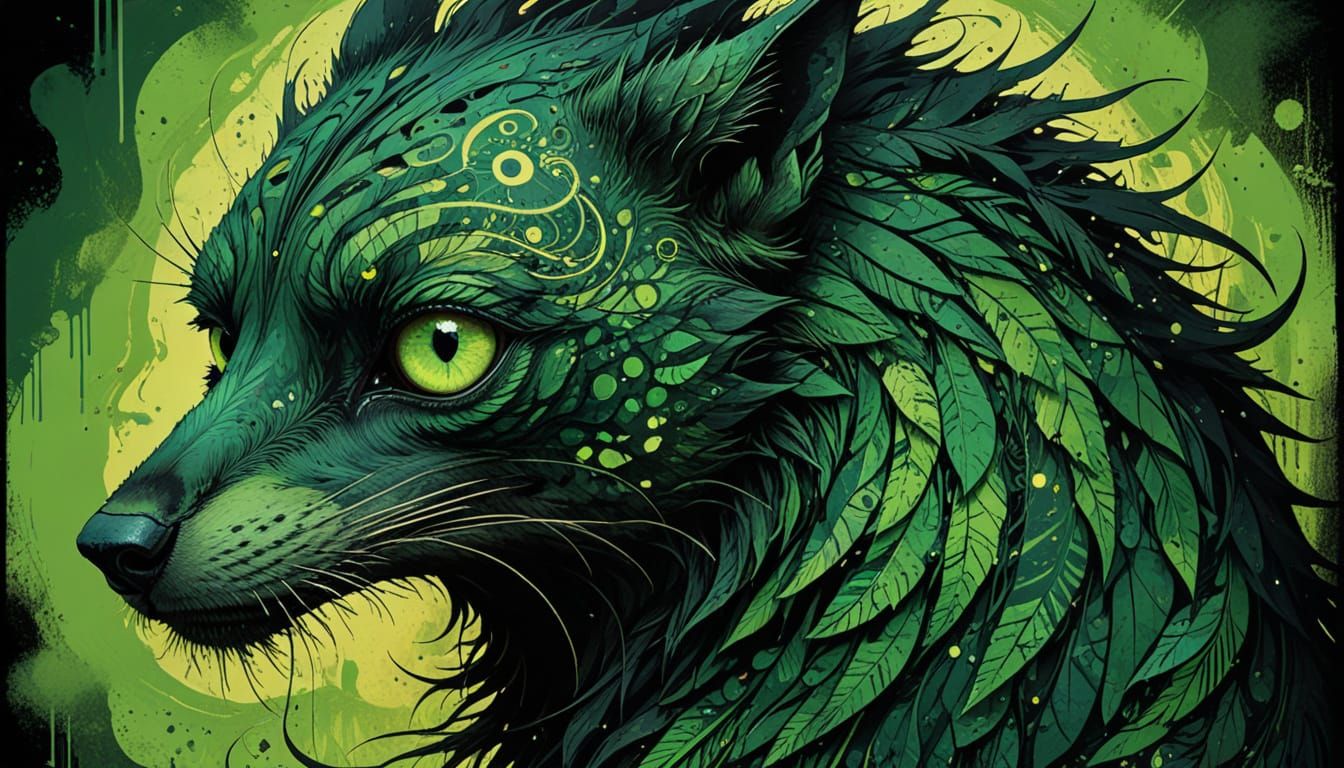 Neon Wolf with Haunting Green Eyes