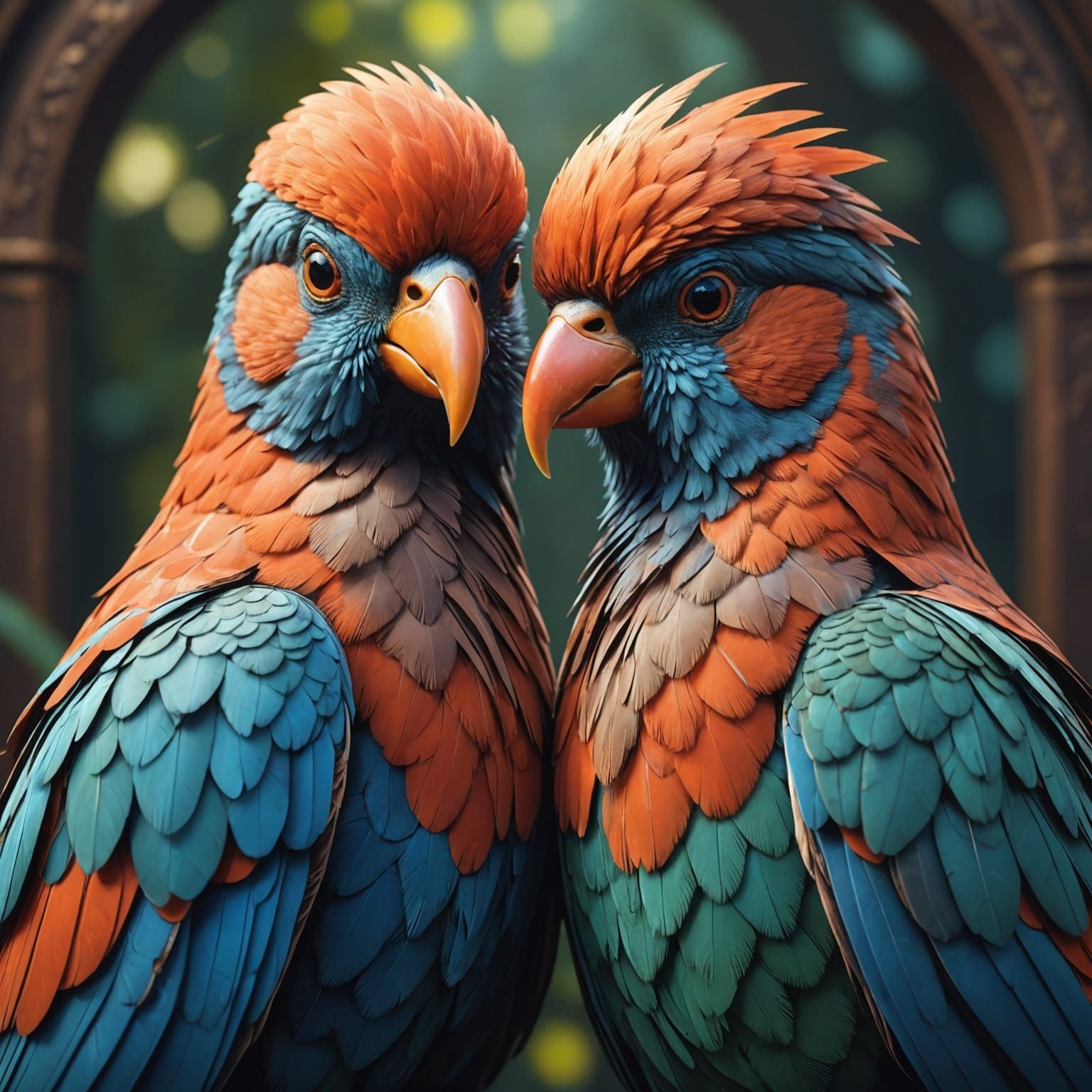 Loving Budgerigars Portrait in Hyperdetailed Style