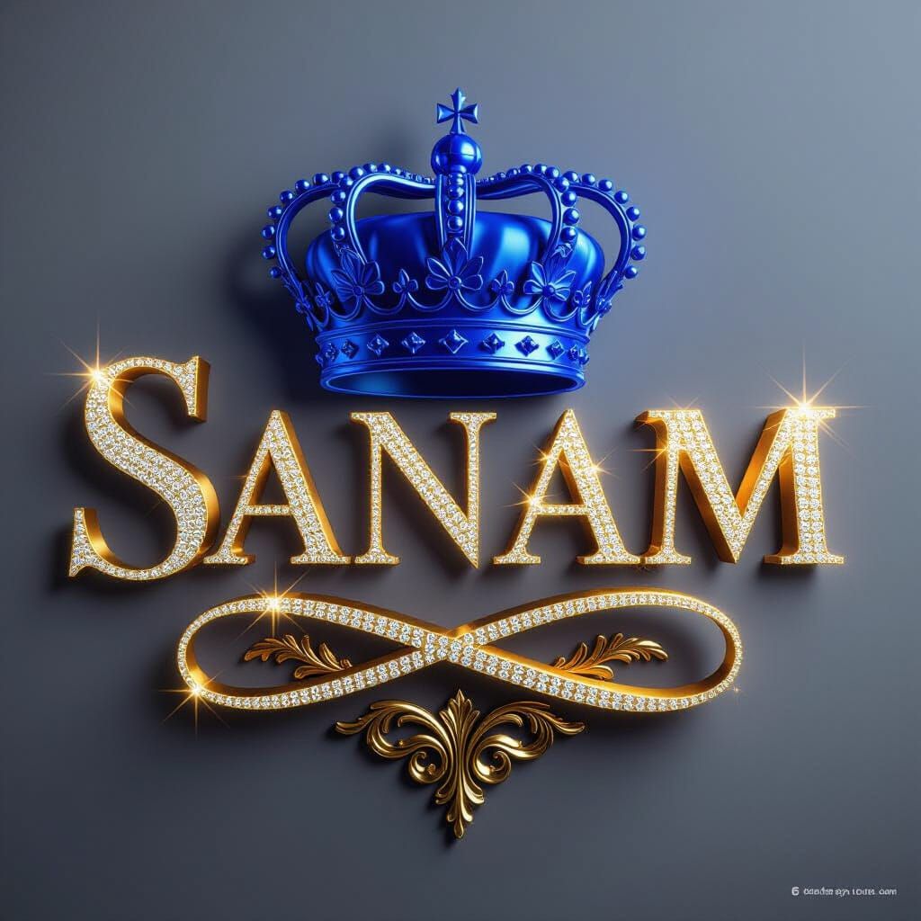 Elegant Gold and Blue "Sanam" Typography with Royal Crown