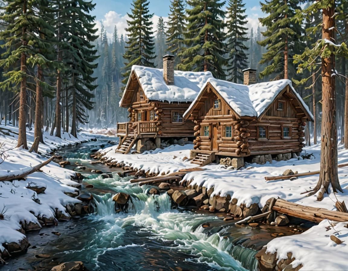Winter Cabin Scene in Vivid Digital Painting Style