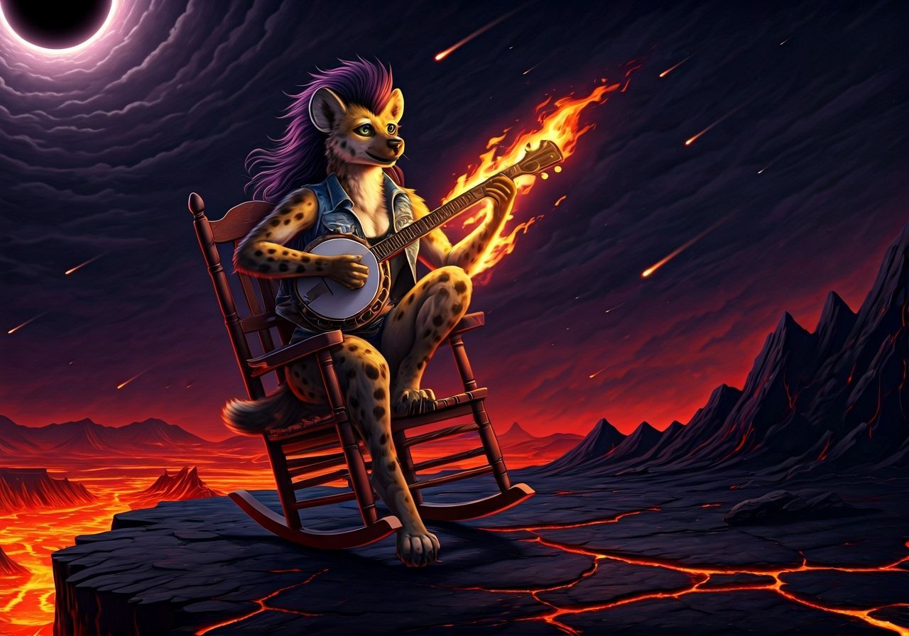 Hyena Shreds Flaming Banjo in Hellscape, Heavy Metal Art
