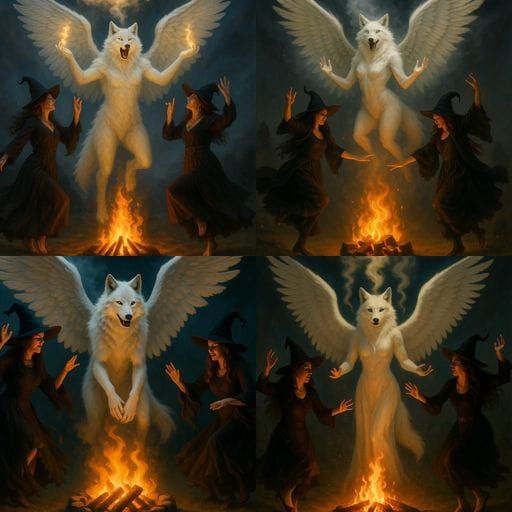 Mythic White Wolf Rises From Fire Amidst Witches' Dance