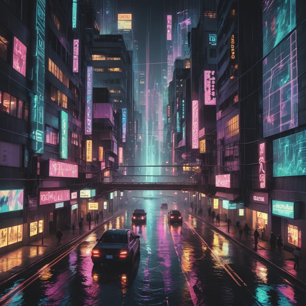 Cyberpunk Cityscape Flowing with Binary Code