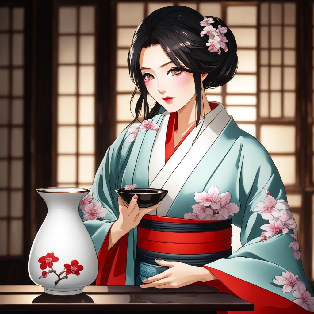 Elegant Woman Drinking Sake