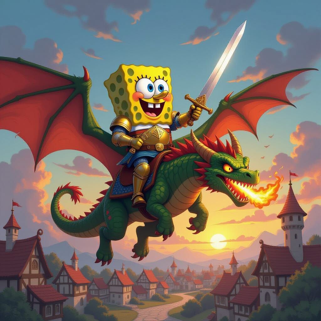 SpongeBob SquarePants as Golden Knight on Dragon