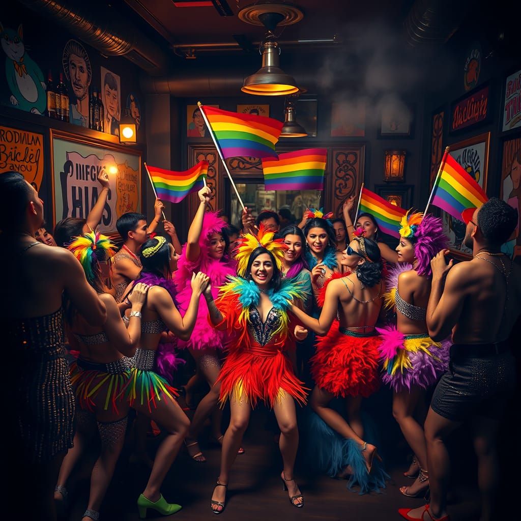 1920s Speakeasy Celebration with Rainbow Flags in Pop Art St...